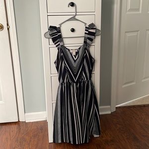 Medium navy white Womens striped dress ruffle sleeves fit flare